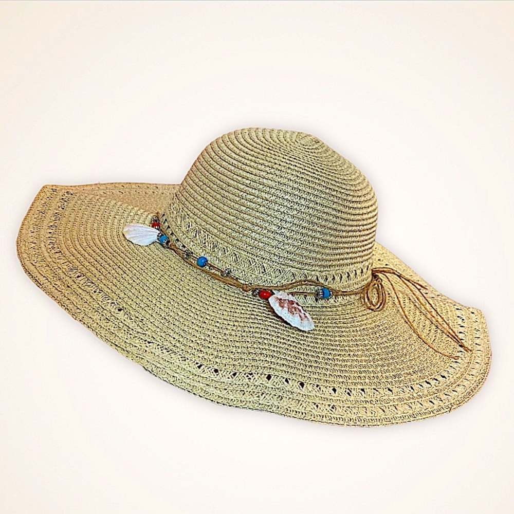 Floppy Wide Brim Straw Seashell Accent Straw Hat